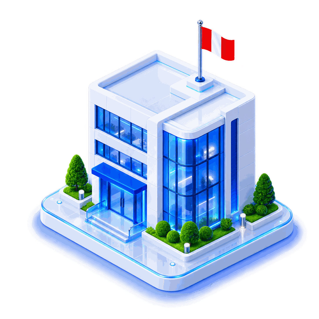 Ilustración 3D de la sede corporativa de VIX Hosting en Perú