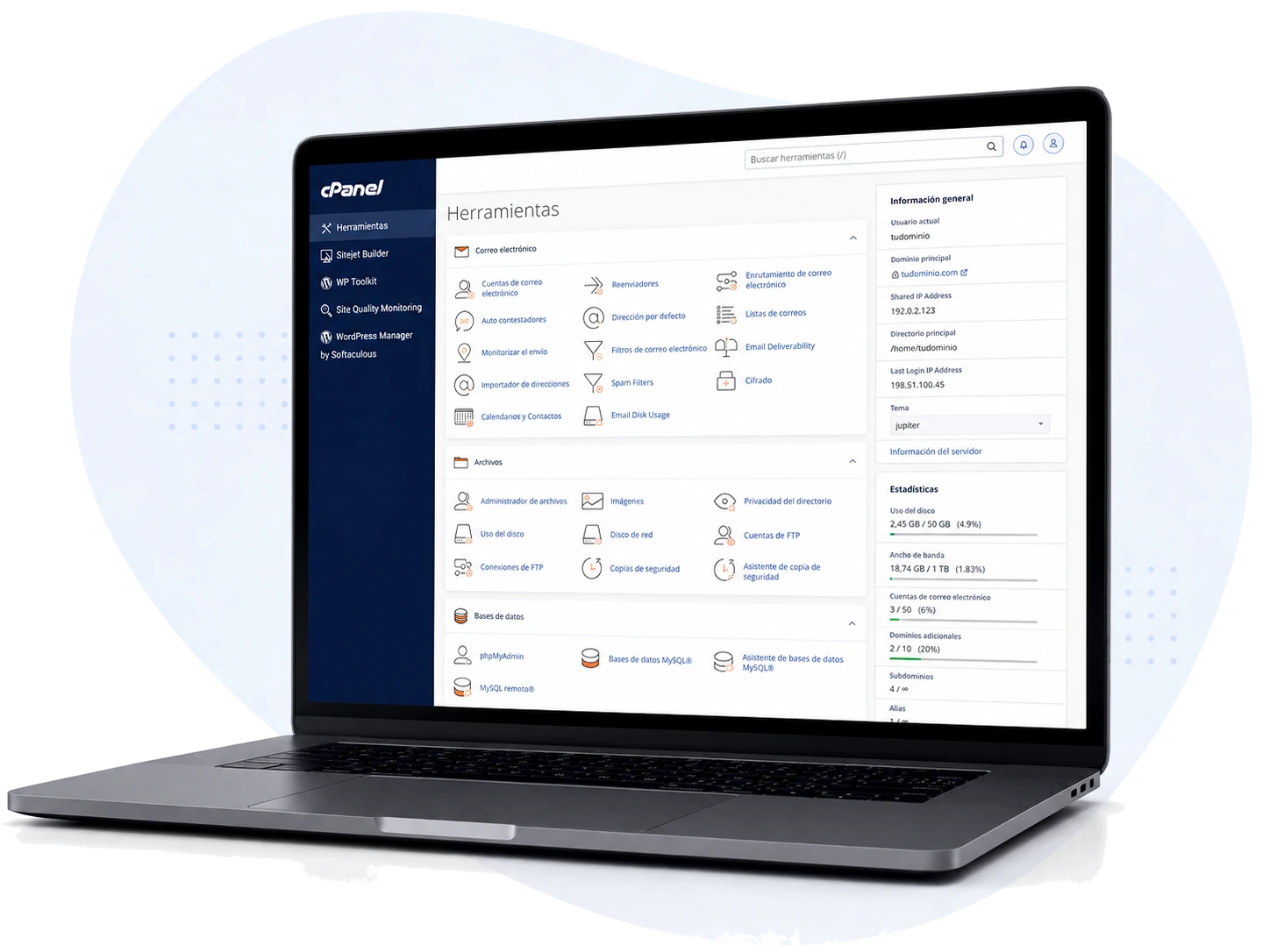 Panel de cPanel en español para administrar archivos, correos, bases de datos y dominios