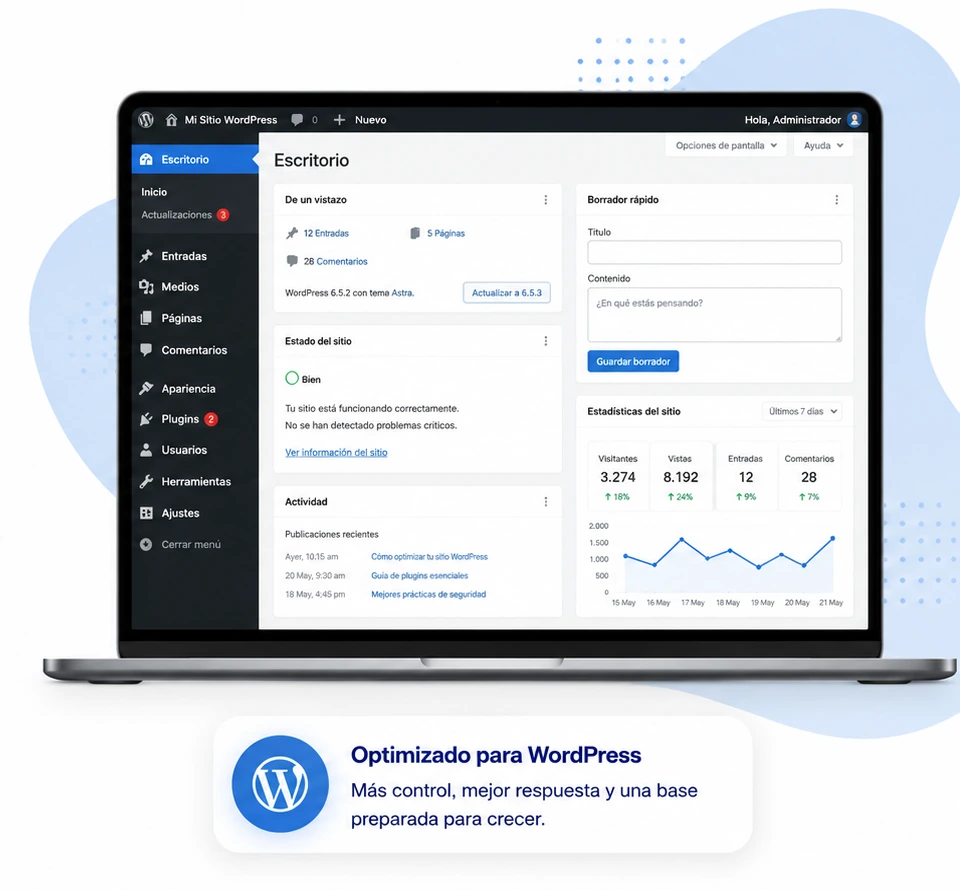 Panel de administración de WordPress en español con métricas, actividad y estado del sitio