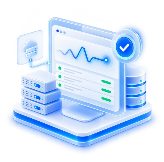 Ilustración 3D del estado de servicios de VIX Hosting